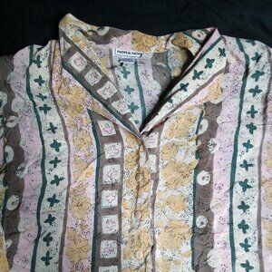 Vintage Nora Noh Geometric Stripes Pattern Silk Button Shirt